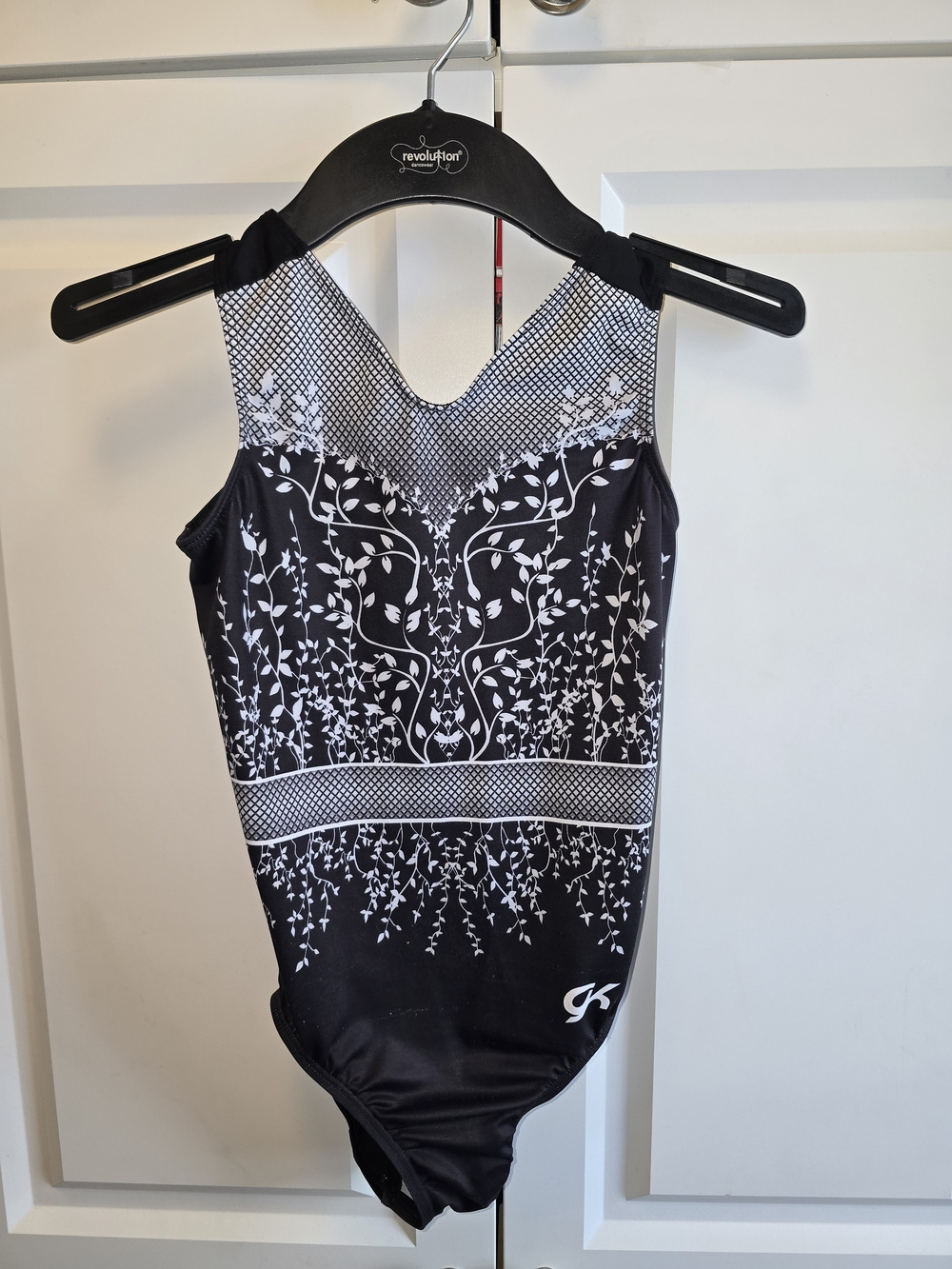 GK Elite Black & White Floral/Vining Gymnastics Leotard Child Large